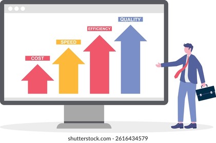 business concept. Quality improvement, efficiency and speed graph, efficiency to increase productivity, quality or progress, optimization, performance improvement, flat vector illustration.

