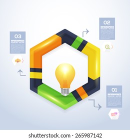Business Concept Realistic Bulb and Numbers Infographics Hexagon Arrow on Dark Background