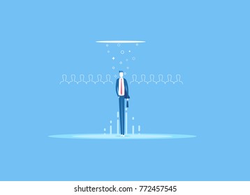 Business concept recruitment or headhunting flat vector illustration. Looking for talent. Businessman standing in spotlight or searchlight as a symbol selection from the many candidates