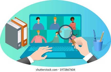 The business concept of recruitment.Selection of employees with different skills.Assessment of the level of employees using online testing.3d image.Isometric vector illustration.