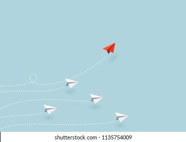 Business concept. Red paper airplane flying changing direction on blue sky of business teamwork and one different vision. Leader, New idea, boss, manager, winner concept, trend. Vector illustration