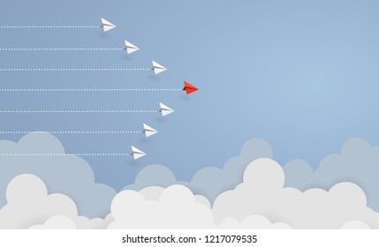 Business concept. Red paper airplane flying changing direction on blue sky of business teamwork and one different vision. Leader, New idea, boss, manager, winner concept, trend. Vector illustration