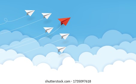 Concepto de negocio. Avión de papel rojo volando en dirección cambiante sobre el cielo azul del trabajo en equipo de negocios y una visión diferente. Líder, Nueva idea, jefe, gerente, concepto de ganador, tendencia. Ilustración del vector