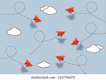 Business concept. Red paper airplane flying changing direction on sky of business teamwork. Leader, New idea, boss, manager, winner concept, trend. Vector illustration