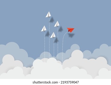 Concepto de negocio. Avión de papel rojo volando en dirección cambiante sobre el cielo azul del trabajo en equipo de negocios y una visión diferente. Líder, Nueva idea, jefe, gerente, concepto de ganador, tendencia. Ilustración del vector