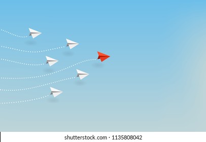 Business concept. Red paper leader airplane flying on blue sky of business teamwork and one different vision. Leader, New idea, boss, manager, winner concept, trend. Vector illustration
