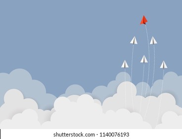 Business concept. Red paper leader airplane flying on blue sky of business teamwork and one different vision. Leader, New idea, boss, manager, winner concept, trend. Vector illustration
