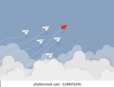 Business concept. Red paper leader airplane flying on blue sky of business teamwork and one different vision. Leader, New idea, boss, manager, winner concept, trend. Vector illustration
