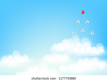 Business concept. Red paper leader airplane flying on blue sky of business teamwork and one different vision. Leader, New idea, boss, manager, winner concept, trend. Vector illustration
