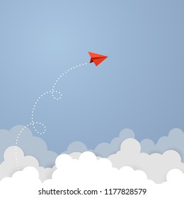 Business concept. Red paper leader airplane flying on blue sky of business teamwork and one different vision. Leader, New idea, boss, manager, winner concept, trend. Vector illustration
