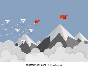 Business concept. Red paper leader airplane flying on blue sky of business teamwork and one different vision. Leader, New idea, boss, manager, winner concept, trend. Vector illustration
