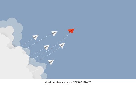 Business concept. Red paper leader airplane flying on blue sky of business teamwork and one different vision. Leader, New idea, boss, manager, winner concept, trend. Vector illustration
