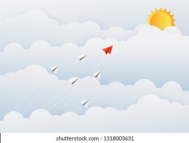 Business concept. Red paper leader airplane flying on blue sky of business teamwork and one different vision. Leader, New idea, boss, manager, winner concept, trend. Vector illustration
