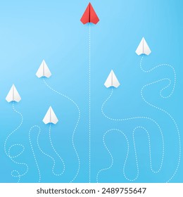 business concept, Red paper plane straight direction from white. New ideas. Different business concepts. Courage to risk. leadership, dotted lines, paper plane