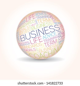 Business concept related words in sphere tag cloud isolated on white