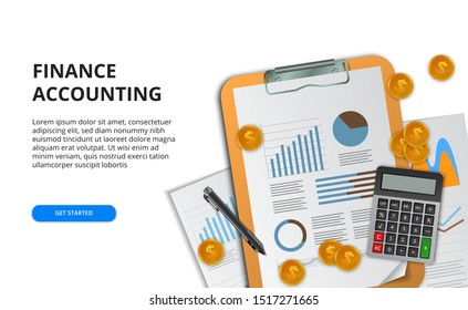 business concept for report data analysis for finance, marketing, research, project management, audit. clipboard, document, golden money top view. web banner illustration