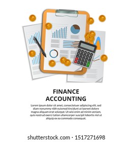 business concept for report data analysis for finance, marketing, research, project management, audit. clipboard, document, golden money top view. web banner illustration