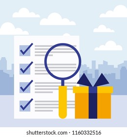 business concept report paper check mark gift and magnifying glass