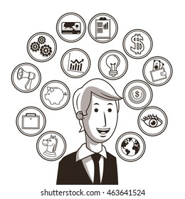 Business concept represented by businessman ideas and icon set. Black and White colors. Draw and isolated illustration. 
