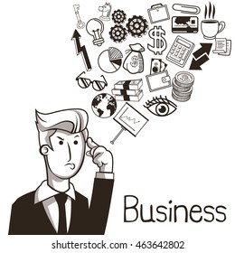 Business concept represented by businessman ideas and icon set. Black and White colors. Draw and isolated illustration. 