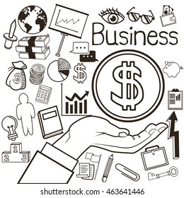 Business concept represented by human hand and background icon set. Black and White colors. Draw and isolated illustration. 