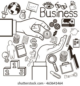 Business concept represented by human hand and background icon set. Black and White colors. Draw and isolated illustration. 
