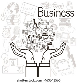 Business concept represented by human hand and background icon set. Black and White colors. Draw and isolated illustration. 