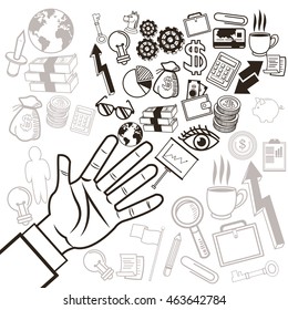Business concept represented by human hand and background icon set. Black and White colors. Draw and isolated illustration. 