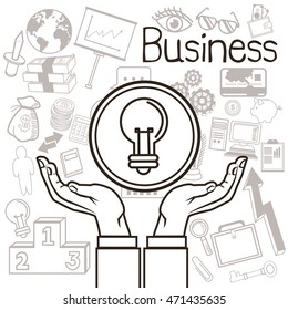 Business concept represented by human hand and background icon set. Black and White colors. Draw and isolated illustration. 