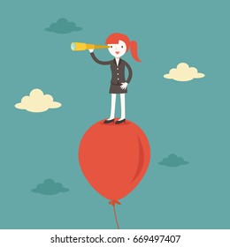 Business concept, Retro business woman using her telescope looking for something in the sky. Vector illustration.