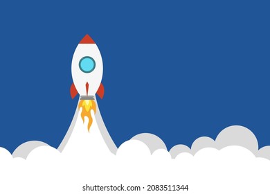 Concepto de negocio, lanzamiento de cohetes en el cielo sobrevolando nubes. Nave espacial en nubes de humo. Vector de diseño plano