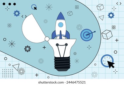  Business concept rocket ship Vector illustration preparation . rocket flying in space cartoon vector or postal notification,marketing, planning. Hand holding envelope design