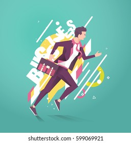 Business concept of  running businessman. Typography. Geometric style elements. Vector flat illustration.