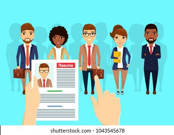 Business concept. Search and hire staff. A group of people of different nationalities are looking for work. Young professional. Business and Finance. In flat style. Cartoon.