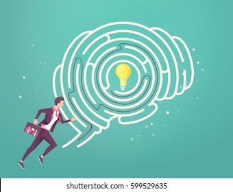 Geschäftskonzept der Suche nach der besten Lösung. Geschäftsmann, der durch sein Hirnlabyrinth läuft, um eine Idee zu finden. Vektorflache Illustration.