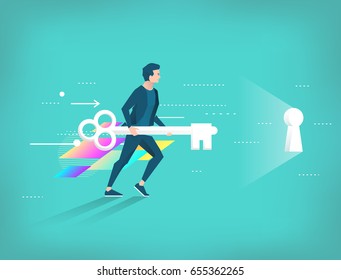 Business concept of searching best solution and way. Businessman running with key to keyhole. Vector flat illustration.
