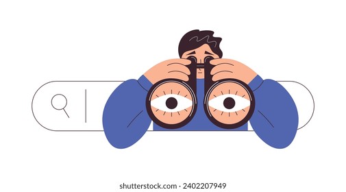 Business concept of searching for decisions, new ideas and opportunities. Surfing Internet. Character looks through binoculars. Online information search, query or research. Development concept. News.