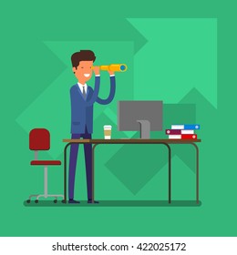 Business concept of searching for opportunities. A man looks through a telescope. Flat design, vector illustration.
