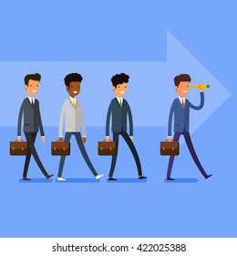 Business concept. Searching for opportunities. People follow the leader. Flat design, vector illustration.