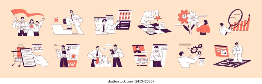 Business concept set. Corporate work in team, teamwork in office. Employees achieve success, solve problems, meeting. Leadership, financial literacy, management. Flat isolated vector illustrations