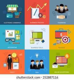 Business Concept Set With Electronic Commerce Teamwork Accounting Tools Icons Isolated Vector Illustration