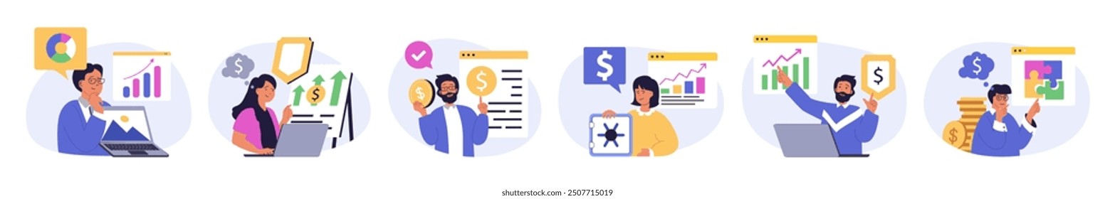 Business concept set in flat design for web. Collection with people brainstorming, making data charts analysis, managing processes, creating strategy, achieving financial goals. Vector illustration.
