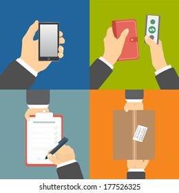 Business concept. Set of hands clients purchasing