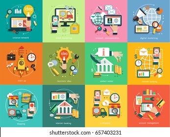  Business concept. Set icons, email marketing, network communication, digital marketing, start up, business idea, contact center, internet banking, shopping, account management.