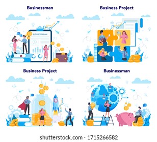 Business Concept Set. Idee von Strategie und Leistung in Teamarbeit. Ziel und Schlüssel zum Erfolg. Brainstorm und Strategie. Einzelne Vektorillustration im Flachstil
