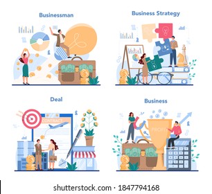 Business concept set. Idea of strategy and deal achievement. Target and key to success. Communication with customer and business solution. Isolated vector illustration