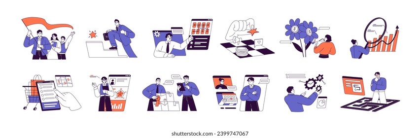 Business concept set. Leadership career, marketing, financial literacy, statistic analysis. Corporate work in office, teamwork strategy, success management. Flat isolated vector illustrations on white