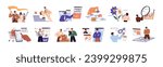 Business concept set. People work in corporate team, employee achieve success, manager solve problems. Leadership strategy, financial analysis, management. Flat isolated vector illustrations on white