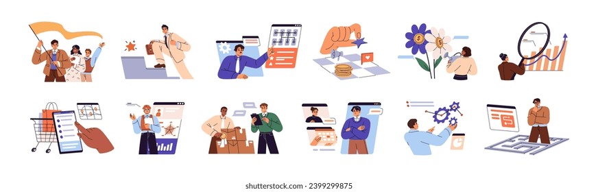 Business concept set. People work in corporate team, employee achieve success, manager solve problems. Leadership strategy, financial analysis, management. Flat isolated vector illustrations on white