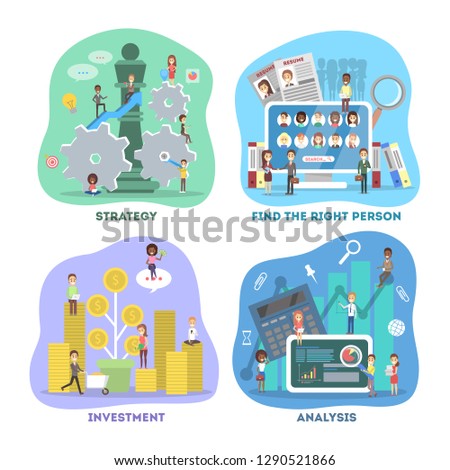 Business concept set. Work in team and making financial operations. Investment, recruitment, analysis and strategy. Vector flat illustration